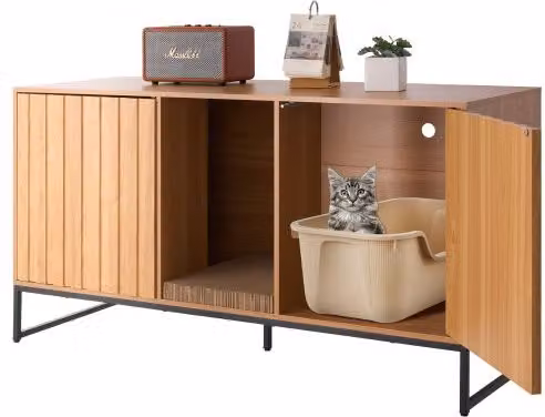 Mobiletto per Lettiera per Gatti VEVOR con Tiragraffi e Contenitore, Tavolino Impermeabile Marrone, L: 120 cm