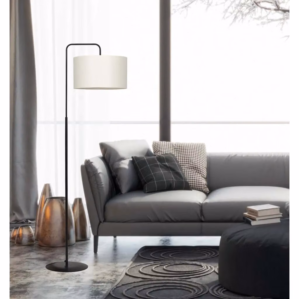 Piantana da terra moderna Sigfrido in metallo nero e paralume in tessuto beige con attacco E27 IP20 – 2