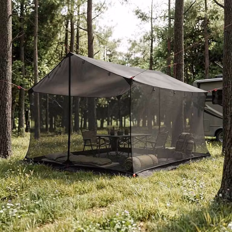Telo da campeggio vidaXL con pareti in rete in poliestere, Marrone Grigio, L/P/H: 340 x 260 x 220 cm