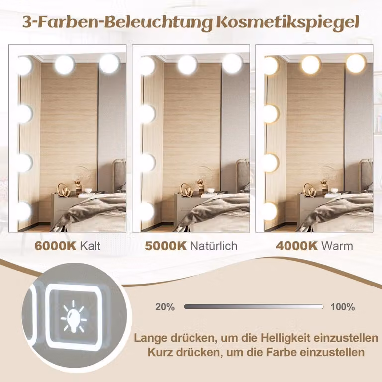 Specchio Hollywood con illuminazione, porta di ricarica USB e altoparlante Bluetooth, specchio cosmetico per camera da letto, 58 x 46 cm, bianco