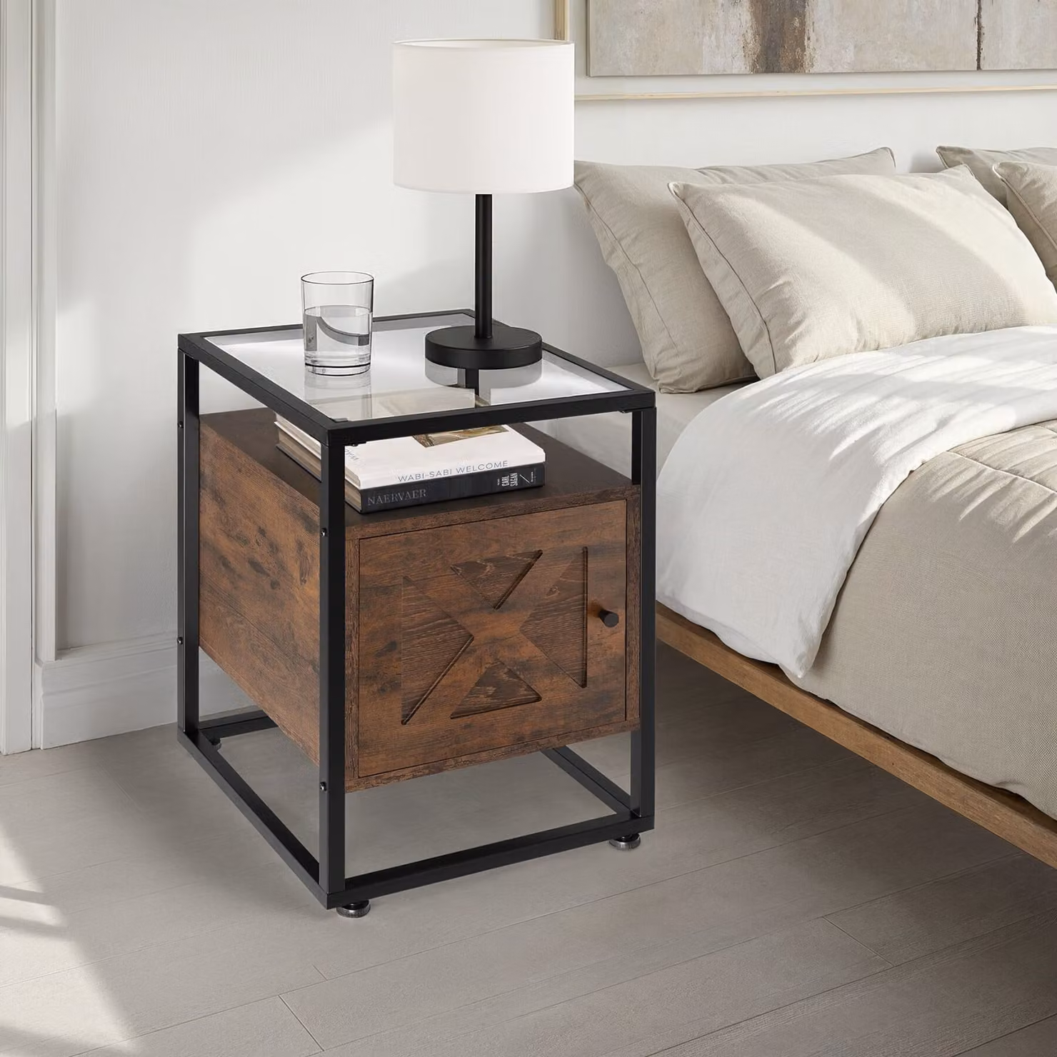Comodino industriale TecTake in metallo, vetro e MDF, colore marrone opaco, L 40 cm x P 43 cm x H 60,5 cm – 1