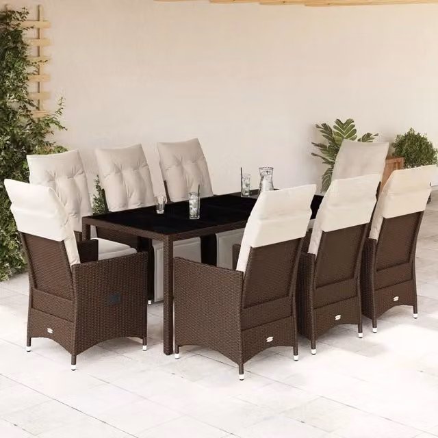 Set Bistrò da Giardino vidaXL 9 pz in Polyrattan Marrone e Bianco con Cuscini e Tavolo in Vetro – 1
