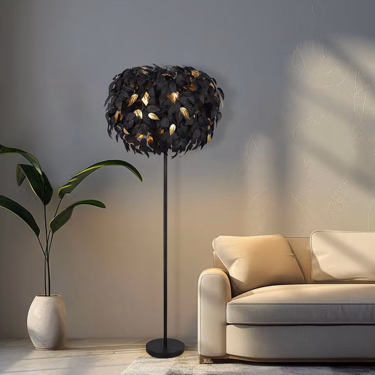 Lampada da terra, design a foglia, metallo, nero e oro, altezza 180 cm