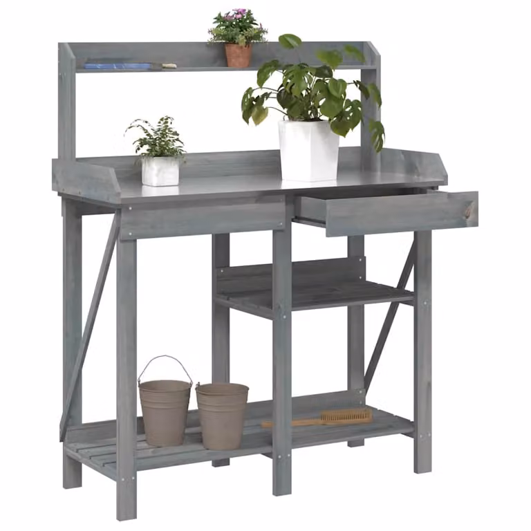 Panca porta vasi vidaXL in legno di abete e metallo, colore grigio, stile rustico per giardino, terrazzo o balcone, L: 125 cm, P: 45 cm, H: 110 cm