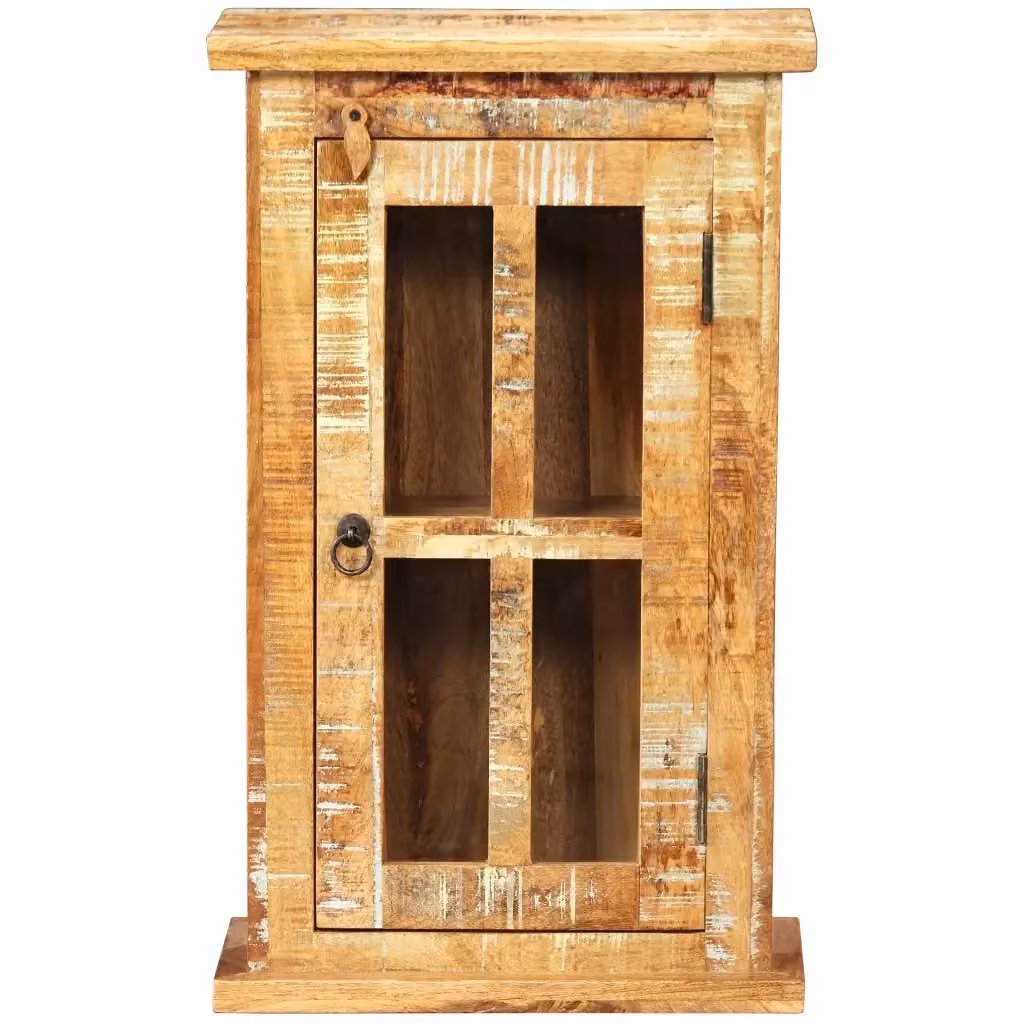 Mobiletto da parete in legno di teak marrone con ante in vetro e ripiani interni per cucina o bagno L: 44 cm, P: 21 cm, H: 72 cm – 2
