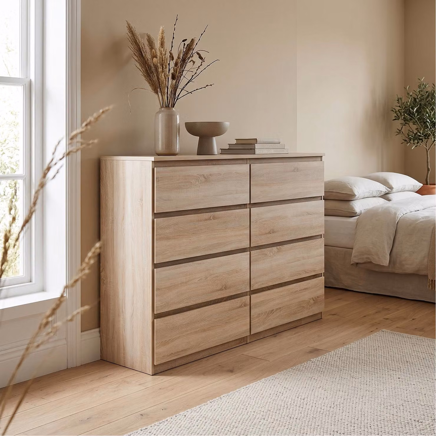 Comò Masseno NUDO da 120 cm con 8 cassetti e ante, per soggiorno e camera da letto, stile moderno, 120x39x101,5 cm, rovere Sonoma / rovere Sonoma