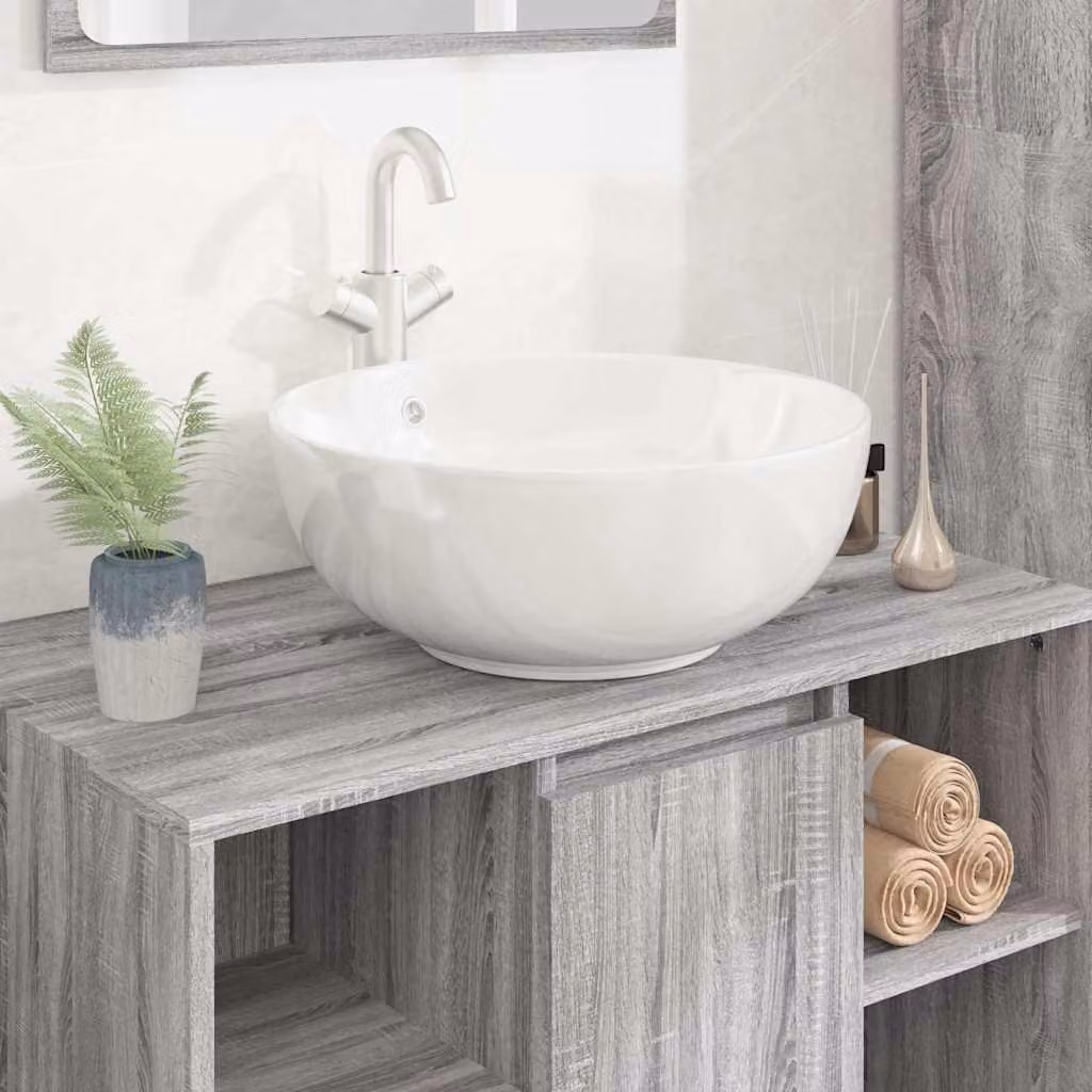 Lavandino rotondo da appoggio vidaXL in ceramica bianca con troppo pieno, L: 44 cm, P: 44 cm, H: 17 cm