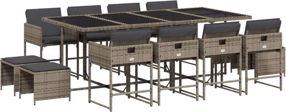 Set da Pranzo da Giardino 13pz con Cuscini Grigio in Polyrattan