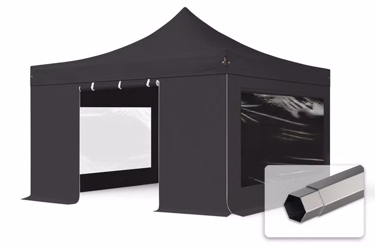 TOOLPORT 4x4 m gazebo pieghevole con laterali (finestre panoramiche), PREMIUM acciaio, nero