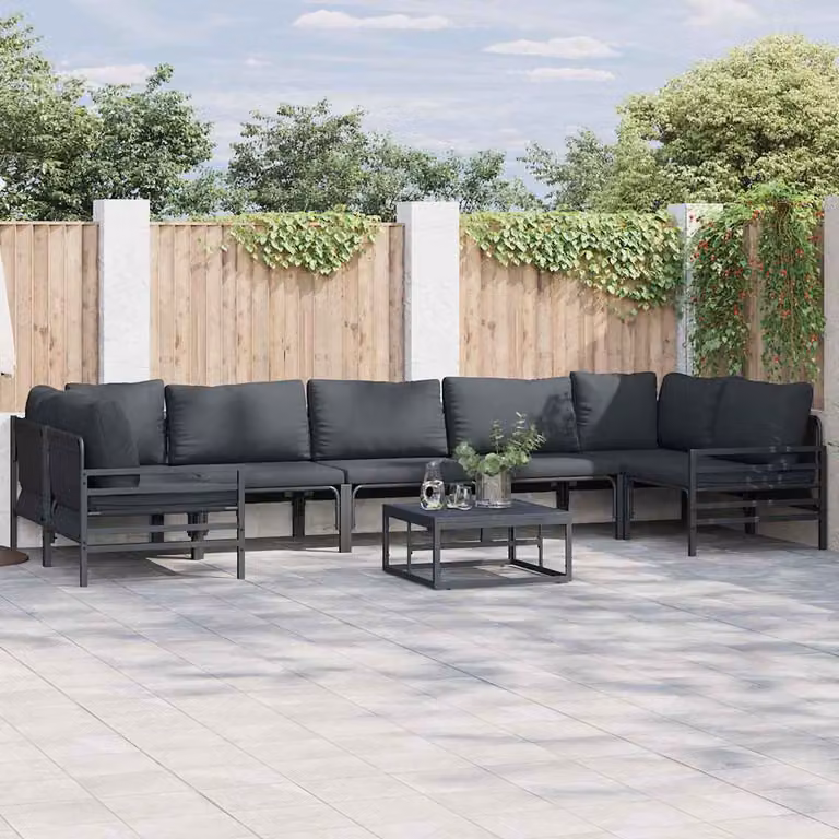 Set Divano da Giardino Moderno vidaXL 8 Pezzi con Elementi Angolari e Tavolino, Colore Antracite e Nero, Struttura in Acciaio Verniciato a Polvere e Cuscini in Tessuto Resistente ai Raggi UV