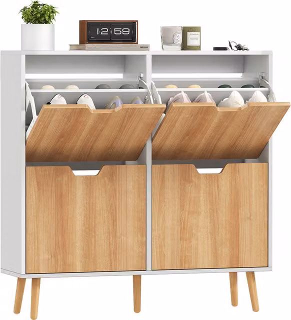 Scarpiera stretta HOMCOM con 4 cassetti a ribalta e ripiani regolabili per 16 paia, colore naturale e bianco, L: 95 cm, P: 26 cm, H: 95 cm