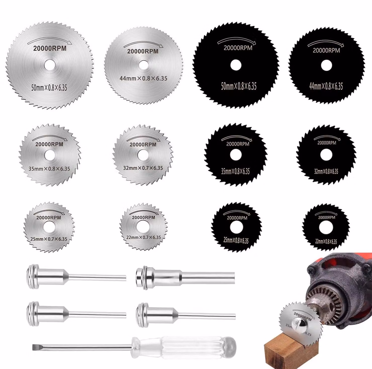 Set di 16 mini lame per sega circolare, diametro 5 cm, adatte per legno, plastica e metallo