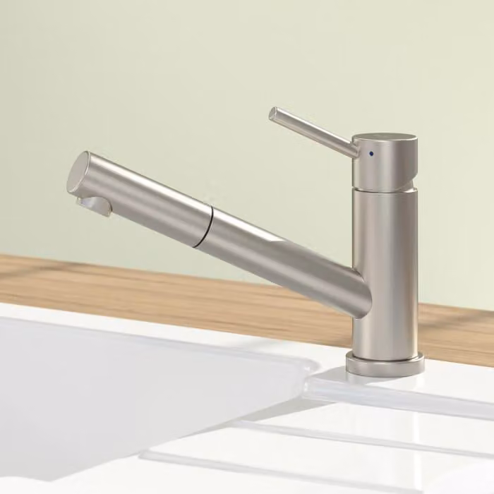 Villeroy & Boch Como - Miscelatore per lavello con bocca estraibile, ribaltabile sotto la finestra, acciaio inox 925800LC