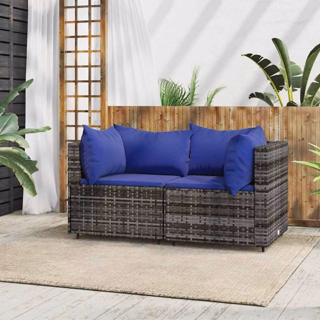 Set di 2 Divani Angolari da Giardino vidaXL in Polyrattan Grigio con Cuscini Blu