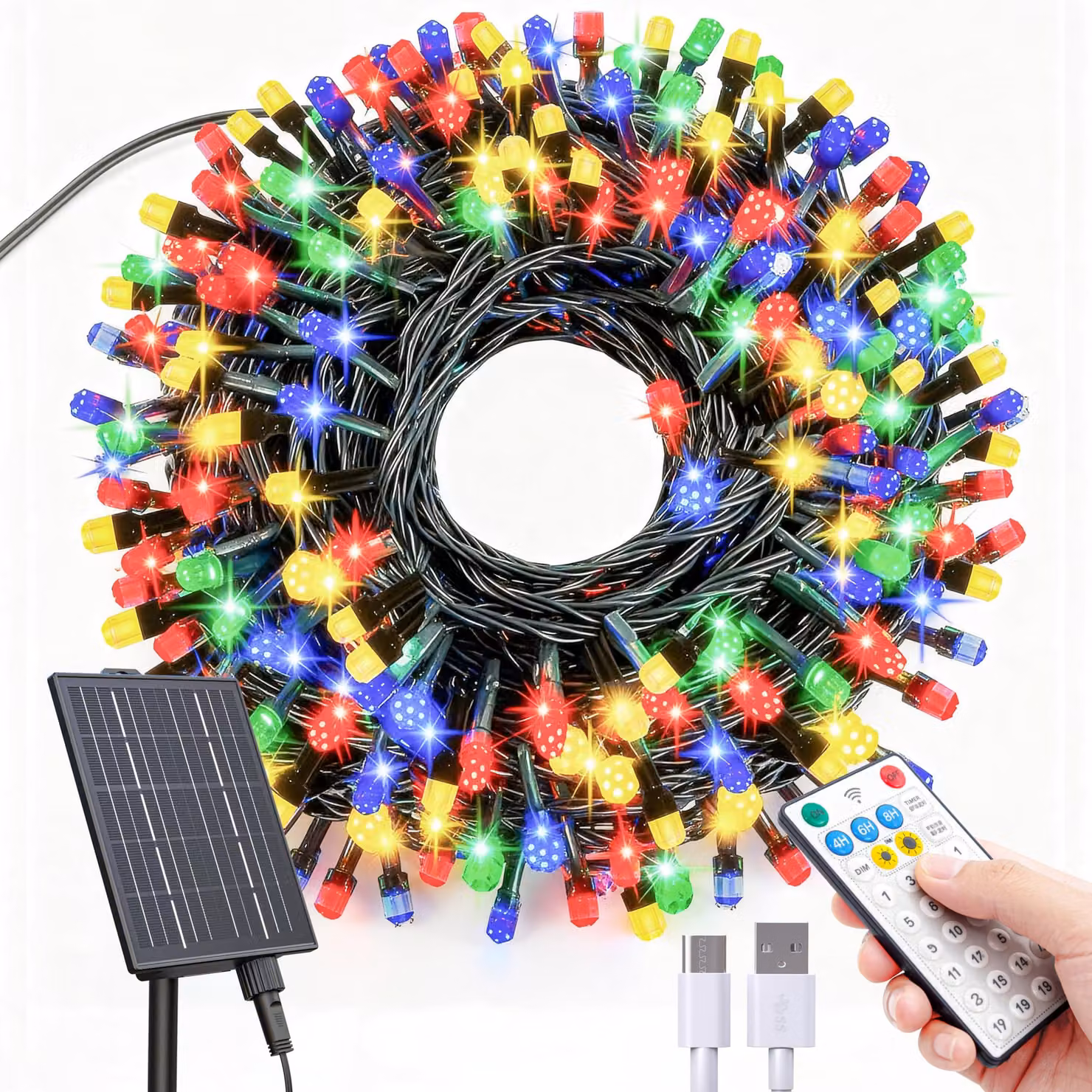 Catena luminosa solare, 32 metri, 300 LED, 19 modalità, impermeabile, multicolore