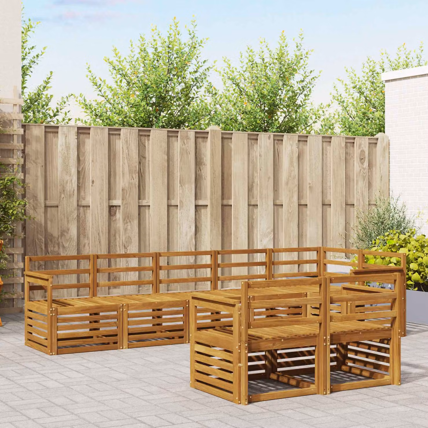 Set di divani da esterno a L vidaXL in legno di acacia con 8 pezzi e cuscini inclusi, colore naturale
