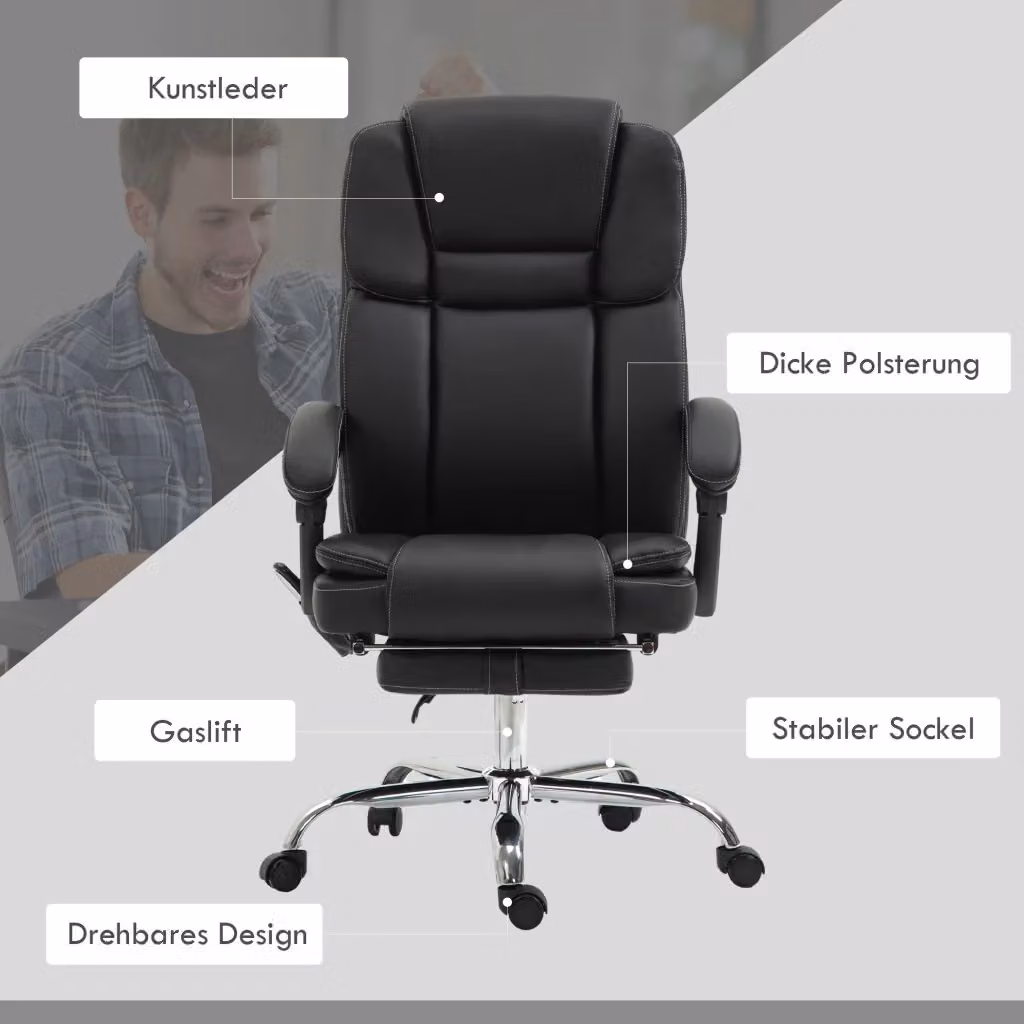 Sedia da ufficio executive REDOM con massaggio e riscaldamento, reclinabile, in ecopelle nera, L: 66 cm, P: 67 cm, H: 118-126 cm – 2