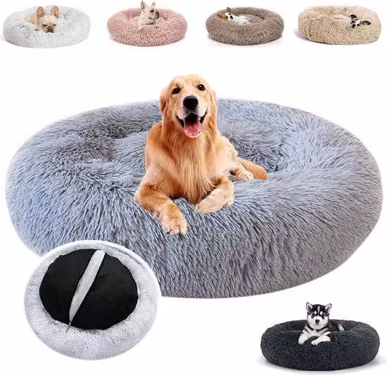 Letto per cani Famanu, design a ciambella, color grigio chiaro, traspirante e confortevole