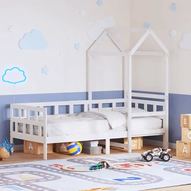 Dormeuse con tetto per bambini vidaXL in legno massello di pino bianco L: 200 cm, P: 80 cm, H: 203,5 cm