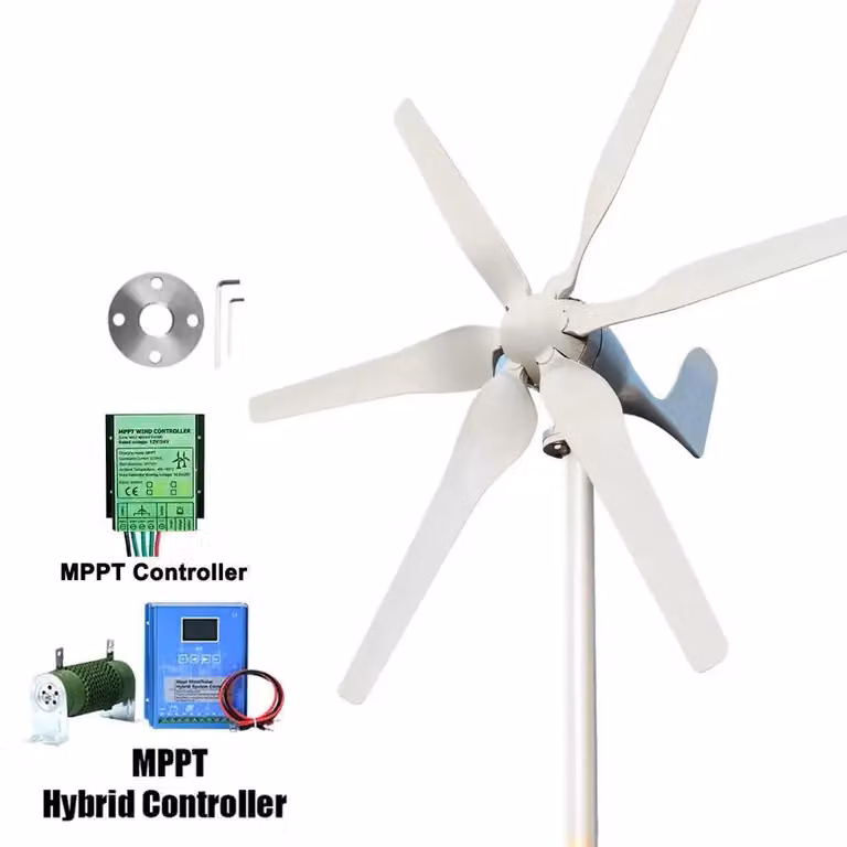 Turbina eolica da 3000W - Turbina eolica orizzontale per uso domestico - Sistema autonomo da 12V - 6 pale del rotore in nylon - Generatore a magneti permanenti trifase - Regolatore ibrido MPPT
