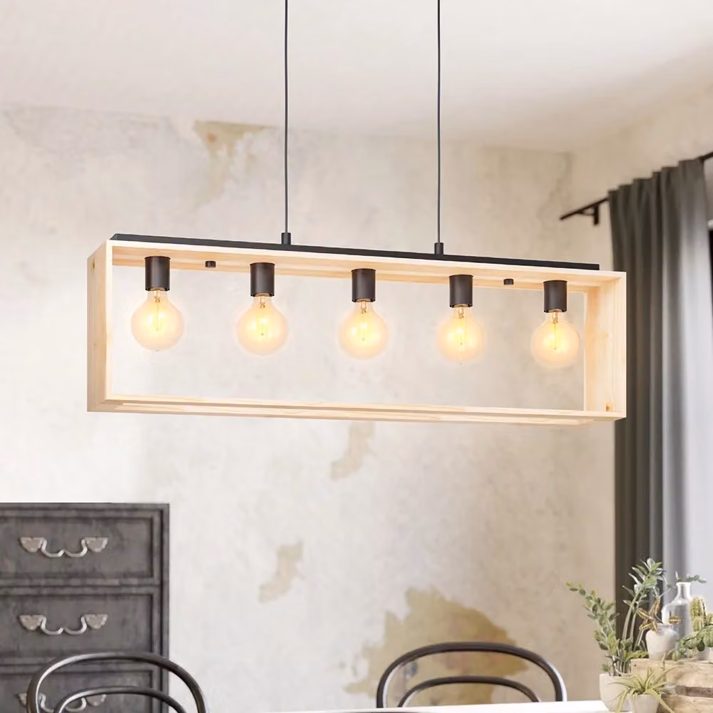 Lampadario a sospensione industriale Eglo Famborough in metallo e legno nero e multicolore con attacco E27 – 2