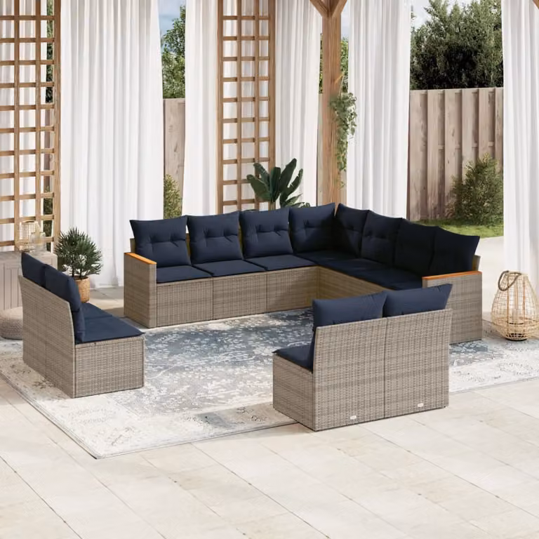 Set di divani da giardino vidaXL in rattan e metallo con cuscini, 11 pezzi, grigio e blu