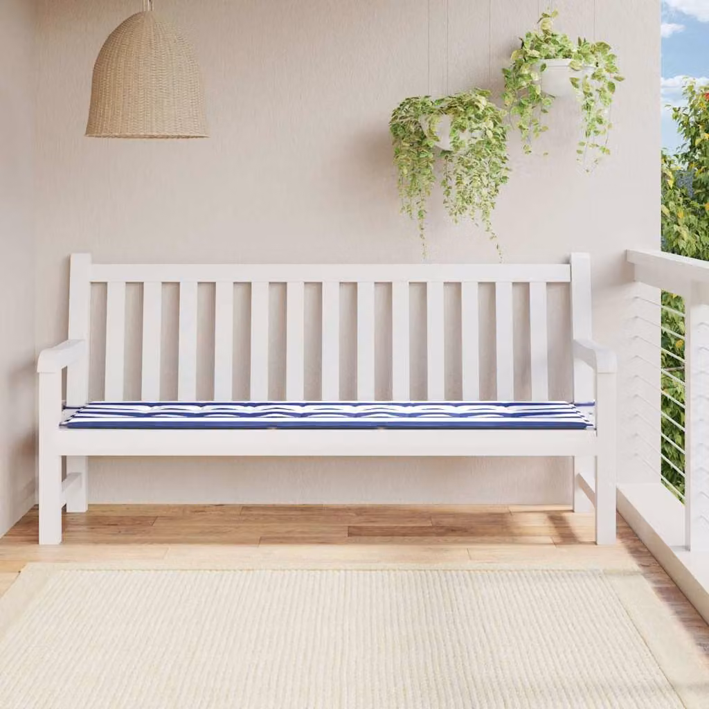 Cuscino per panca da giardino vidaXL a righe bianche e blu, impermeabile e traspirante, L 200 cm x P 50 cm x H 3 cm