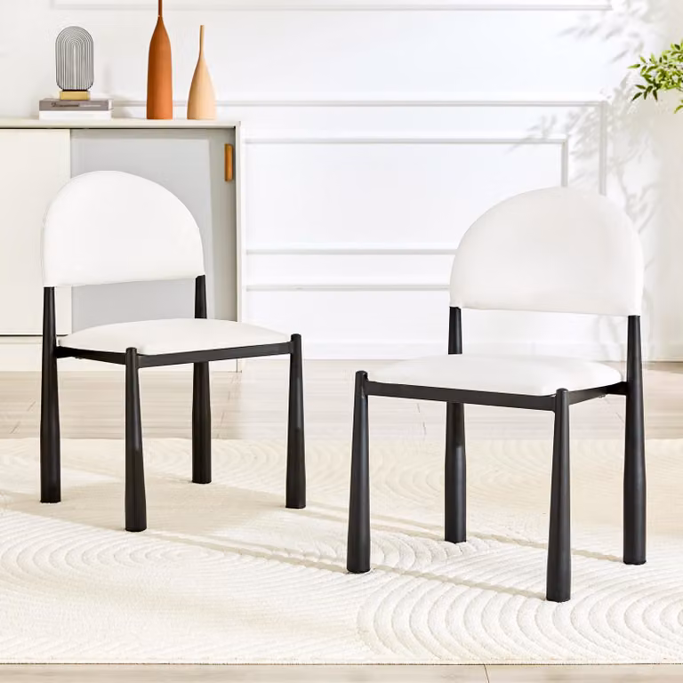 Set di 2 sedie da pranzo, schienale semi-arrotondato, rivestimento in PU, gambe in metallo, altezza 80 cm (bianche)