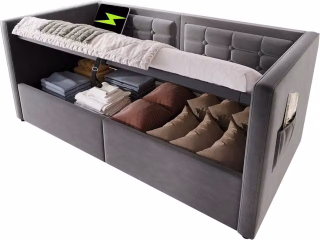 Letto singolo 90x190 cm in velluto con contenitore idraulico; USB e Type-C; grigio