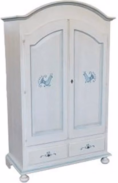 Armadio KIVIO in legno bianco anticato con decorazione a pavone e dettagli azzurri L: 125 cm, P: 60 cm, H: 200 cm