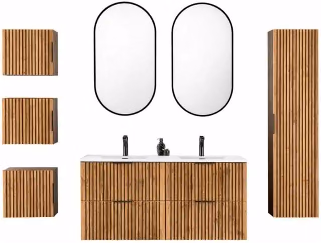 Set KINOKO Meublorama: mobile sottolavabo con doppio lavabo incassato bianco, 2 specchi con illuminazione LED e mobili contenitori per bagno, L: 120 cm