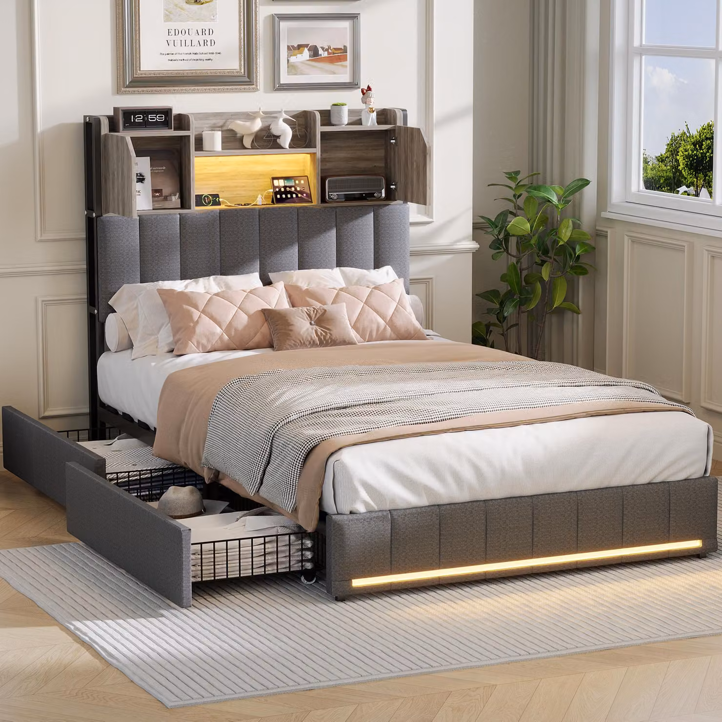 Letto imbottito ProximaX 90×200 cm - Con contenitore nella testata e 2 cassetti - Luce ambiente RGB e funzione di ricarica USB - Ideale per camere da letto o camerette dei bambini, grigio