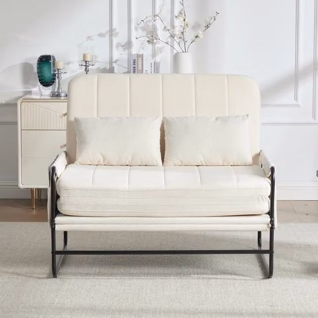 Divano letto 2 posti trasformabile 104x85x92 cm in chenille beige con struttura in metallo