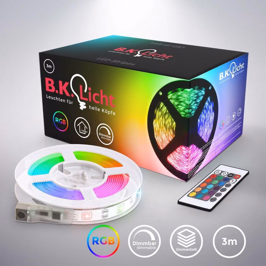 B.K.Licht Striscia LED 3m, rivestimento in silicone trasparente, cambio colori RGB con telecomando, dimmerabile, adesiva, accorciabile, nastro luminoso LED, bianca, per interni IP20