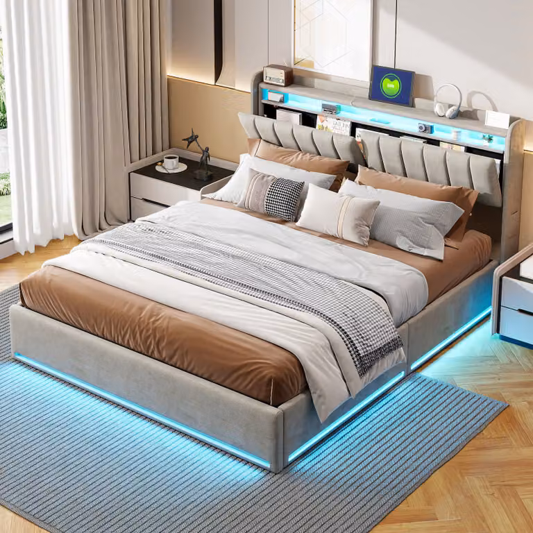 Letto imbottito in velluto ProximaX 140x200 cm in grigio - letto matrimoniale con illuminazione a LED sulla testata e sul giroletto, letto con contenitore a pressione di gas con spazio di archiviazione