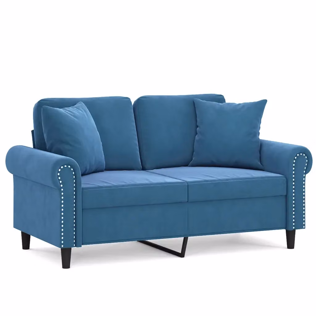Divano a 2 posti moderno vidaXL in velluto blu con cuscini e struttura in metallo per il tuo soggiorno L: 152 cm, P: 80 cm, H: 77 cm – 2