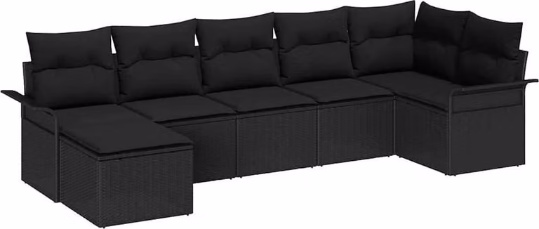 Set Divano da Giardino con cuscino 7 pcs Nero Poly Rattan