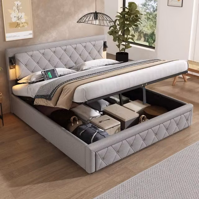 Letto matrimoniale contenitore OKWISH con testiera imbottita, luci sottocamera e porte USB, grigio, L/P: 180 x 200 cm