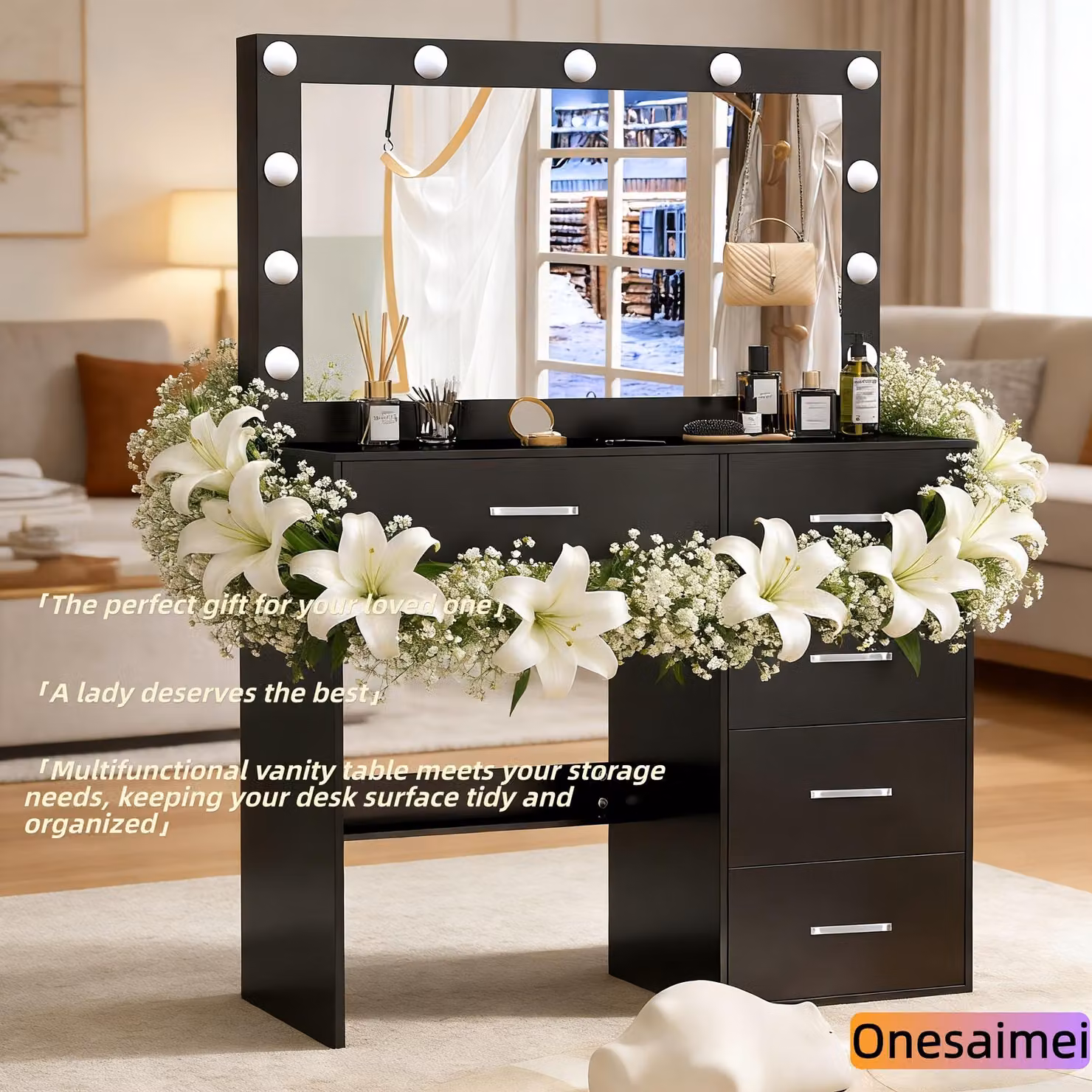 Comò con specchio a LED, bianco - 3 modalità di colore, luminosità regolabile - legno - design moderno e minimalista