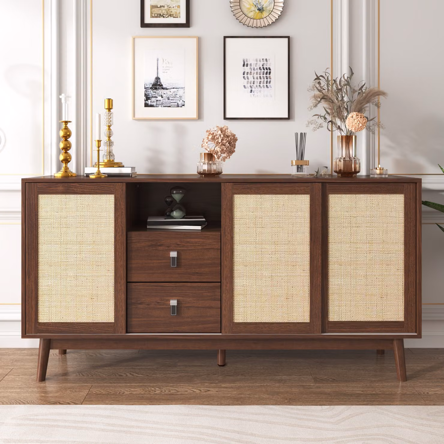 Credenza Flieks, credenza a 3 ante scorrevoli in vero rattan, mobile con 2 cassetti, mobile laterale per sala da pranzo soggiorno, colore legno