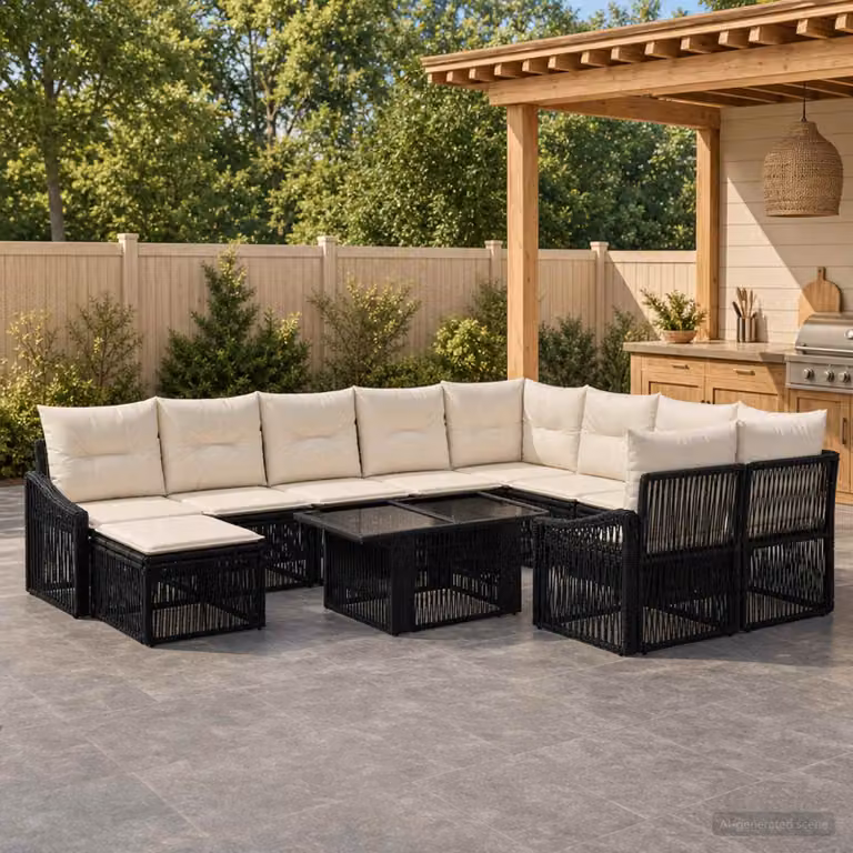 Set Divano da Giardino vidaXL 11 pz in Polyrattan Nero e Bianco Crema con Cuscini e Tavolino