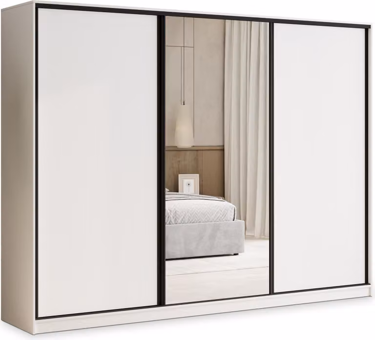 Armadio scorrevole Masseno TARI 235/205/58 cm Armadio con 4 cassetti Armadio per camera da letto a 3 ante con specchio Bianco