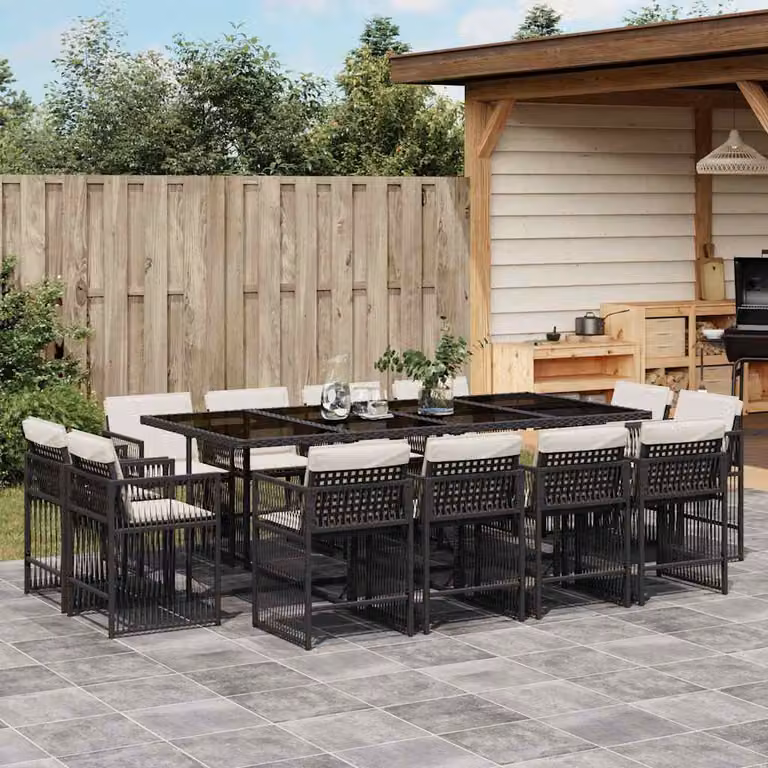 vidaXL Set da Pranzo da Giardino 13pz in Polyrattan con Piano in Vetro e Cuscini Nero e Bianco