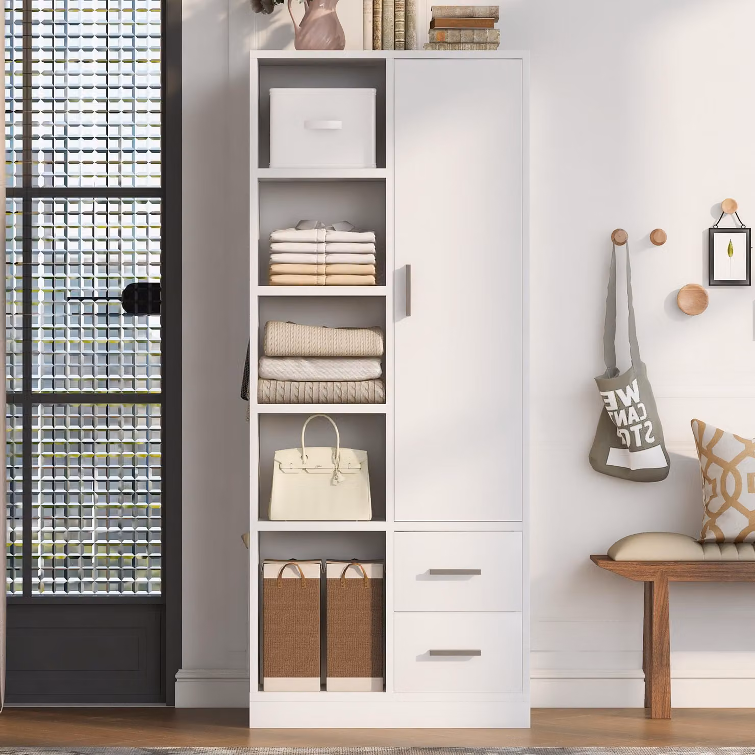 Armadio okwish con cassetti e due aste separate, mobile ingresso con diversi scomparti, ampio spazio di stoccaggio, bianco