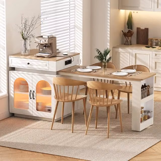 Isola Cucina con Ruote, Tavolo Allungabile con Luci LED e Ciabatte, Mobile Bar Bianco per Cucina e Sala da Pranzo