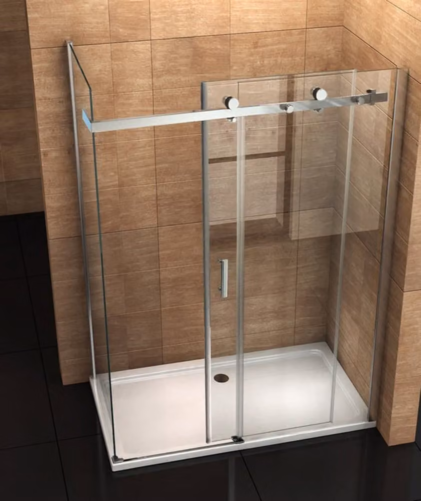 Doccia angolare Aloni 90x140, struttura a telaio parziale, parete in vetro e porta scorrevole magnetica in vetro di sicurezza temprato, installabile a filo pavimento o con piatto doccia
