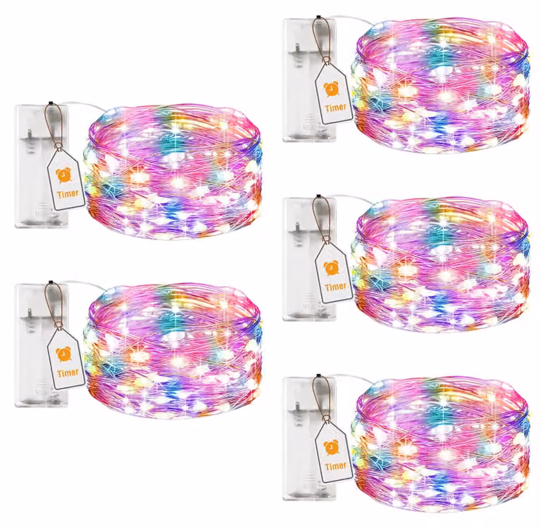 Set di 5 catene luminose a LED, lunghezza 2 metri, 20 LED, con timer, alimentate a batteria