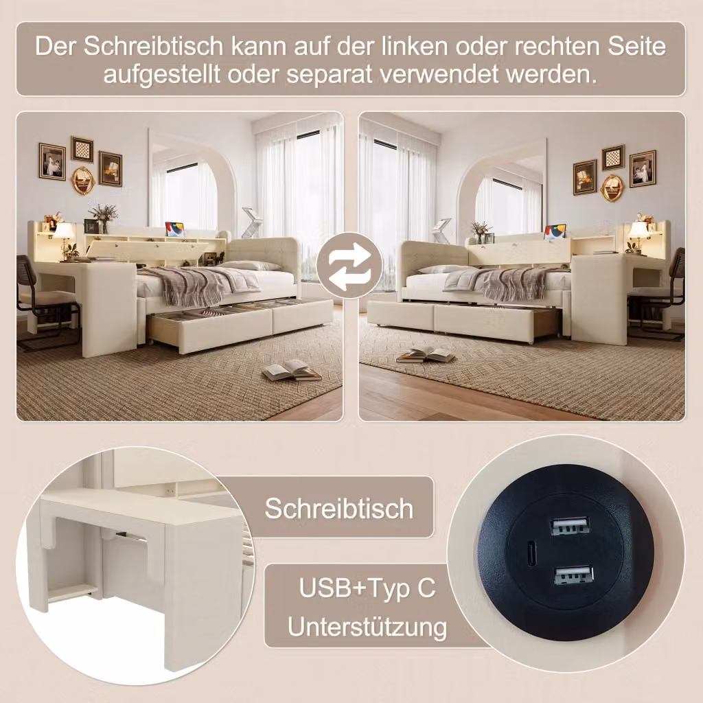 Letto singolo moderno in lino beige con scrivania, porte USB e Tipo C, 2 cassetti e vano contenitore, L/P: 90 x 200 cm – 2