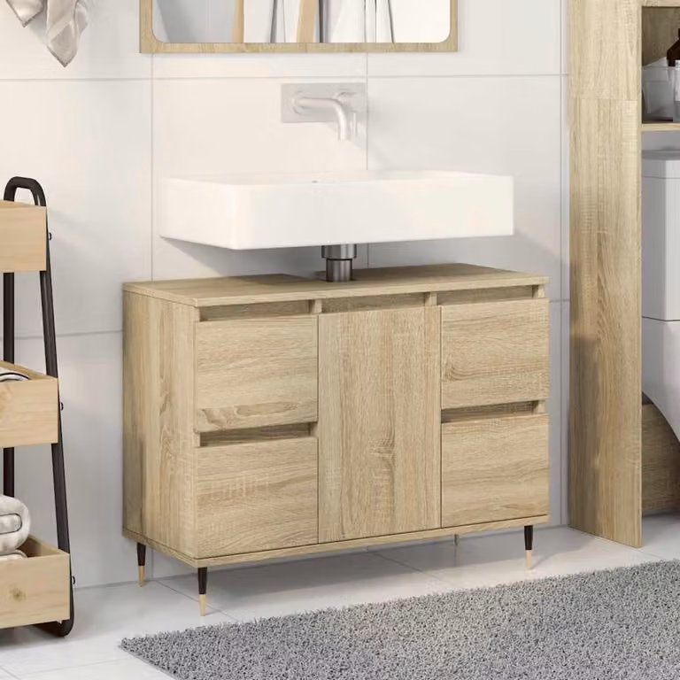 Mobile da bagno vidaXL in legno Rovere Sonoma marrone con ante e cassetti L 80 x P 33 x H 60 cm