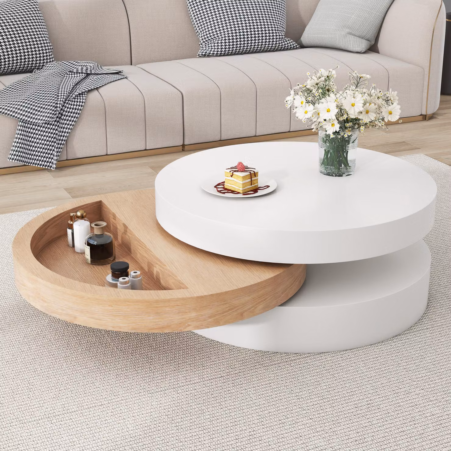 Tavolino da caffè, dimensioni 60 x 60 x 35,1 cm, realizzato in MDF al 100%, con impiallacciatura in legno di salice, colore bianco e finitura che esalta il colore naturale del legno. Ruota a 360° e dispone di un vano contenitore nascosto